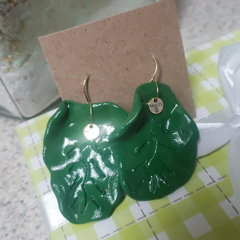 Green Leaf Clay Earrings